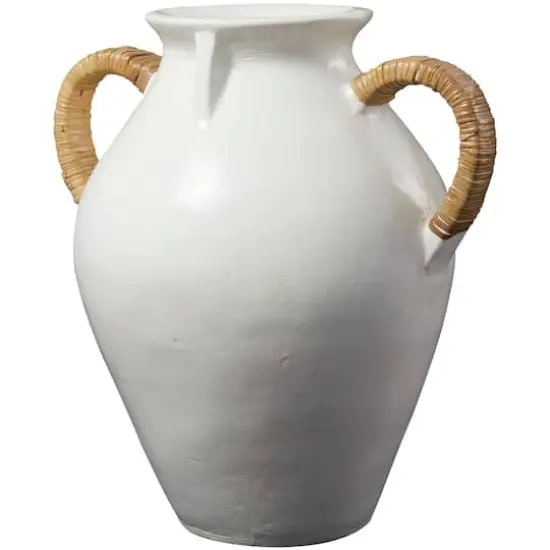 19" White Ceramic Jug Inspired Vase with Rattan Wrapped Handles {4}