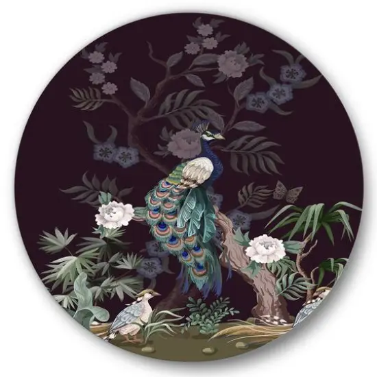 Designart - Chinoiserie With Birds and Peonies V - Traditional Metal Circle Wall Art {1}