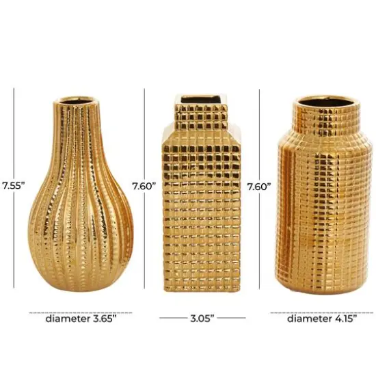 8" Gold Ceramic Geometric Dimensional Textured Vase Set with Grid Patterns {9}