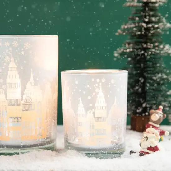 Glitzhome&reg; Christmas Building Glass Candle Holder Set {6}