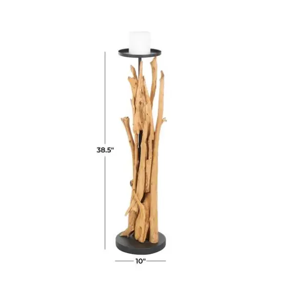 39" Brown Teak Wood Handmade Tall Tree Branch Floor Candle Holder with Black Metal Accents {8}