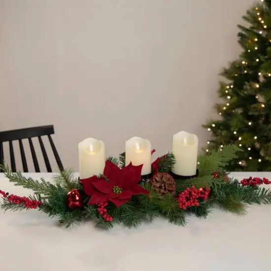 32" Artificial Mixed Pine Berries & Poinsettia Christmas Candle Holder Centerpiece {3}