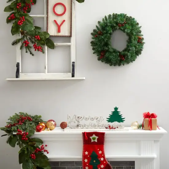 20" White LED Lights Frosted Pine Artificial Christmas Wreath With Pinecones & Berries {6}