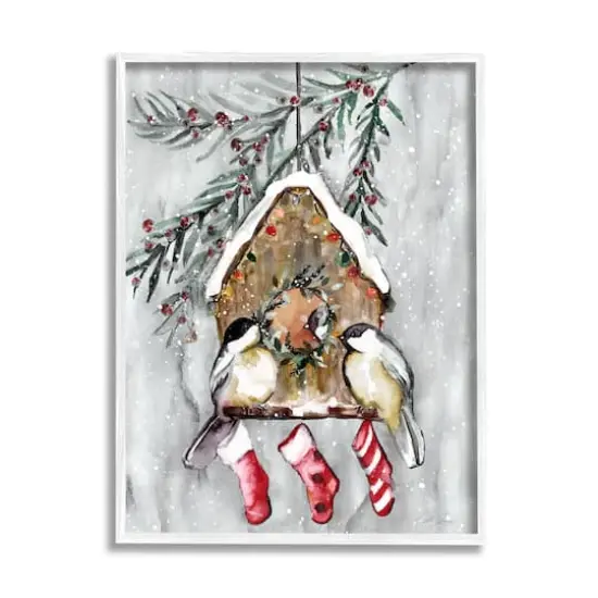Stupell Industries Holiday Stockings Birdhouse Perched Framed Giclee Art White {1}