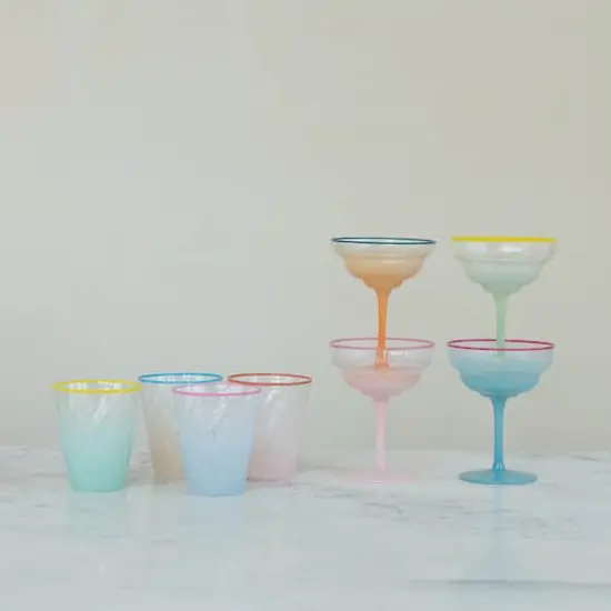 Hello Honey 4-Piece Fluted Stemmed Coupe Glass with Colored Rim, Multicolor {4}