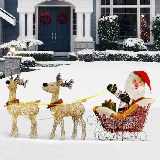 34" Santa & Reindeer Pulling Sleigh, Clear Lights {3}