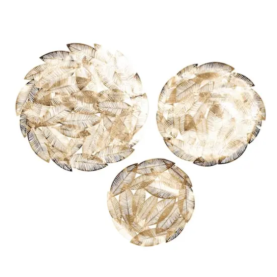 Gold Colored Abstract Leaf Round Metal Discs Wall D&eacute;cor Set {1}