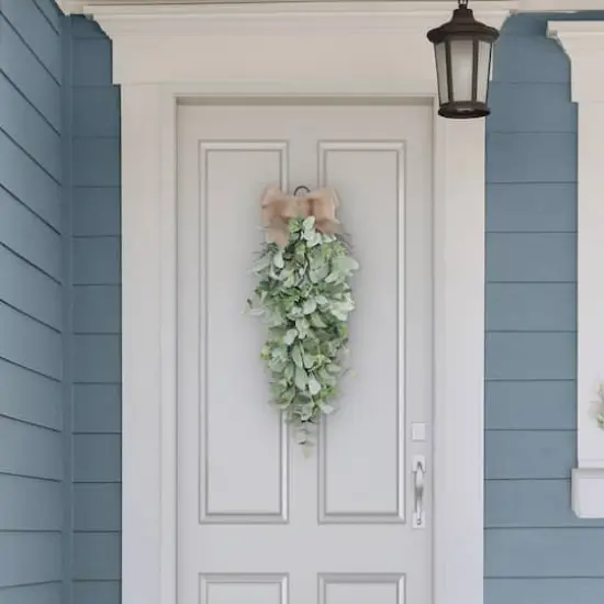 30" Lamb's Ear & Greenery Teardrop Swag with Bow {6}