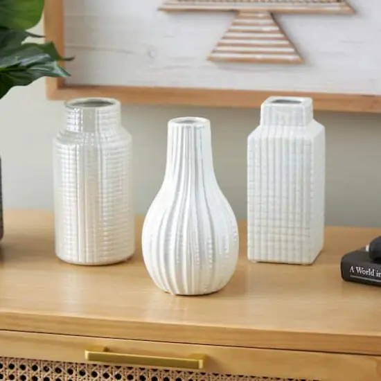 8" Cream Ceramic Geometric Textured Vase Set {3}