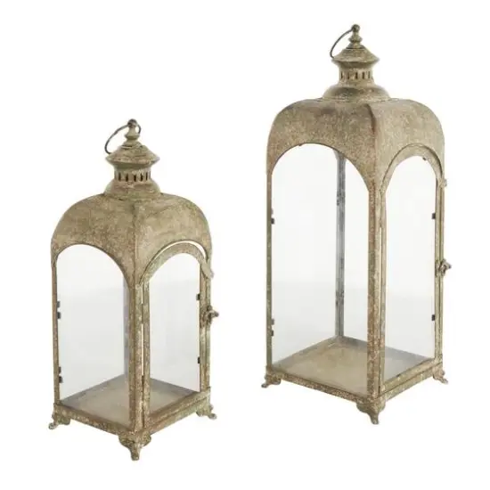 Brown Distressed Arched Panel Candle Lantern Set {1}