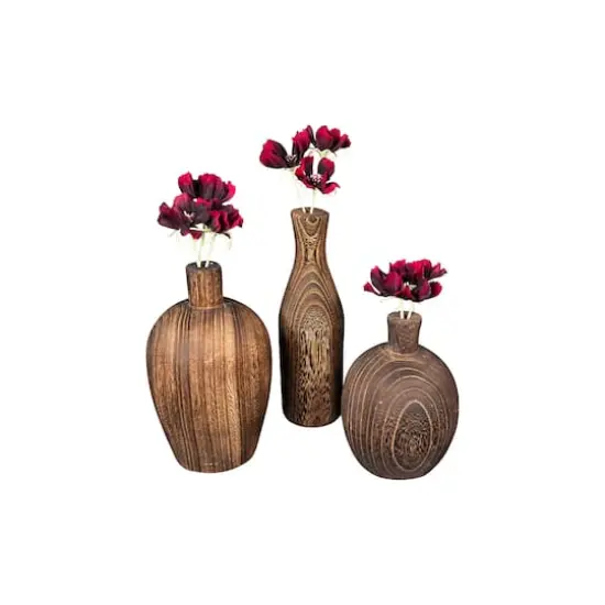 Hello Honey&reg; Brown Paulownia Wood Vase with Black Charred Finish Set {6}