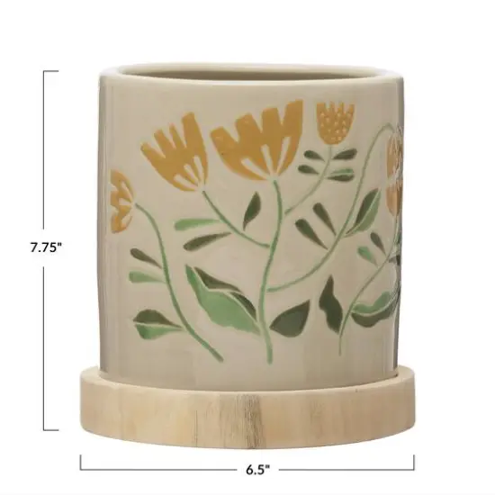 Hello Honey&reg; Hand Painted Multicolor Floral Stoneware Planter with Paulownia Wood Saucer Set {1}