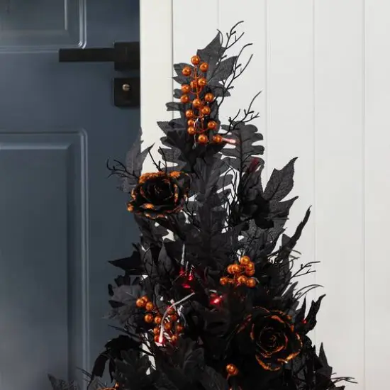 Glitzhome&reg; 36"H Halloween Lighted Black Rose with Orange Glitter Urn Porch Tree with Timer {5}