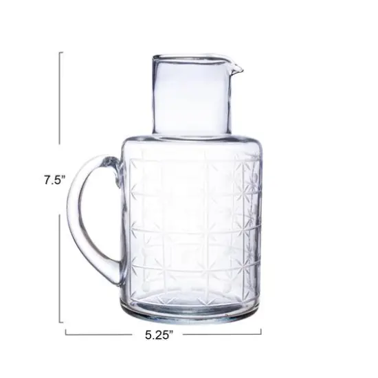 Hello Honey® 32oz. Clear Hand-Blown Etched Reclaimed Glass Pitcher with Tall Neck & Handle {5}