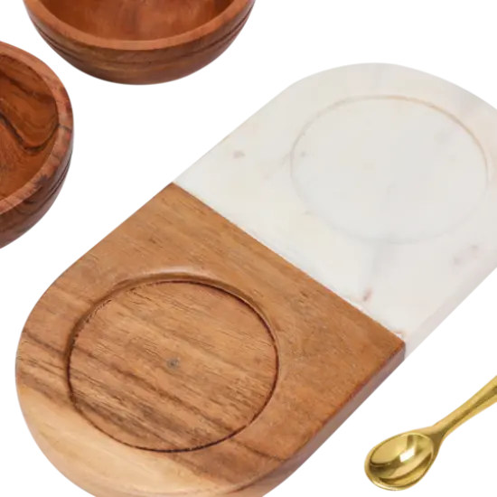 Hello Honey&reg; Acacia Wood & Marble Tray with Acacia Wood Bowl Set {3}
