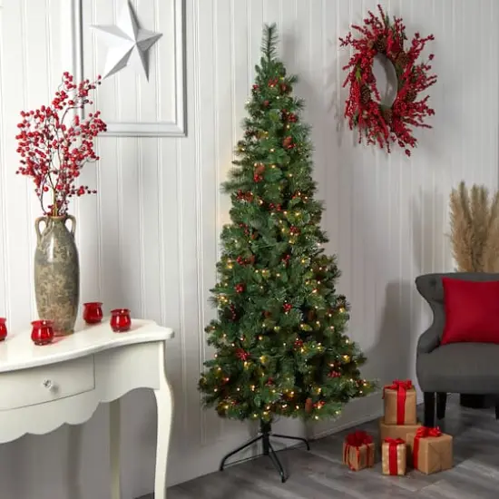 7ft. Pre-Lit Flat Back Montreal Mountain Pine Artificial Christmas Tree, White LED Lights {12}