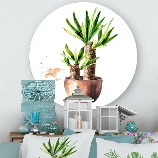Designart - Yucca Tree In The Ceramic Flower Pot - Traditional Metal Circle Wall Art {2}