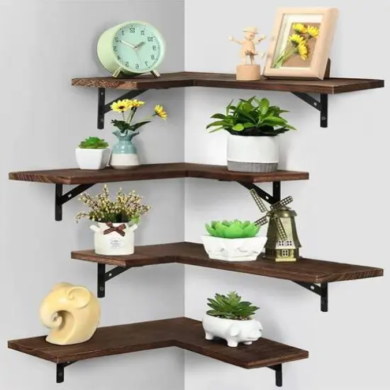 Brown Rustic Floating Corner Storage Shelf Set {7}