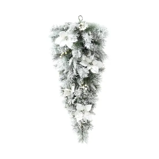 Glitzhome&reg; 36" Pre-Lit Flocked Greenery Pine White Poinsettia & Berry Christmas Teardrop with Timer {6}