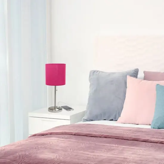 Creekwood Home 19.5" Oslo USB Port Table Lamp Brushed Steel/Pink Shade {6}