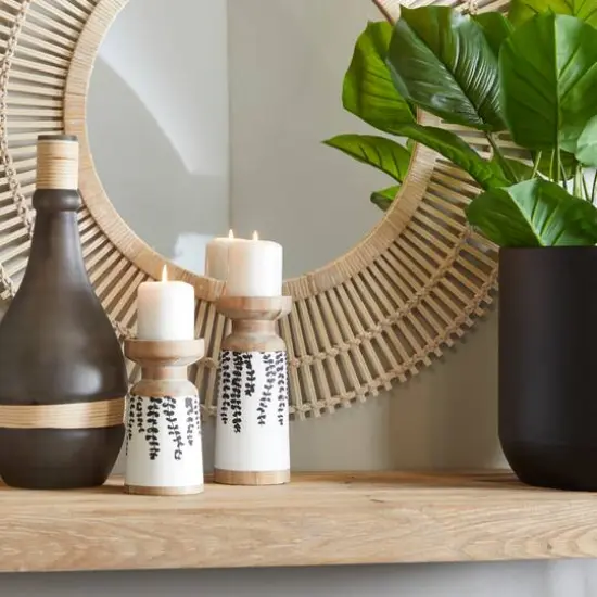 Brown Wood Drooping Vine Pillar Leaf Candle Holder Set {8}