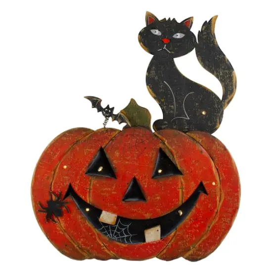 14" Lighted Orange & Black Smiling Pumpkin Halloween Tabletop Decor {1}