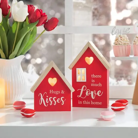 Glitzhome&reg; Lighted Valentine's Wooden House Table D&eacute;cor Set {4}