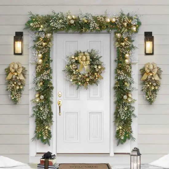 28" Battery-Operated Pre-Lit Decorated Artificial Swag with Gold Bow {4}