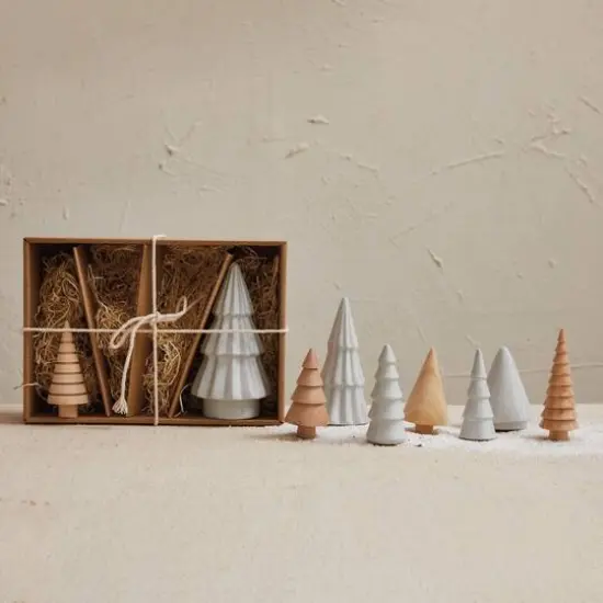 Hello Honey® White & Natural Stoneware & Wood Christmas Trees Set {3}