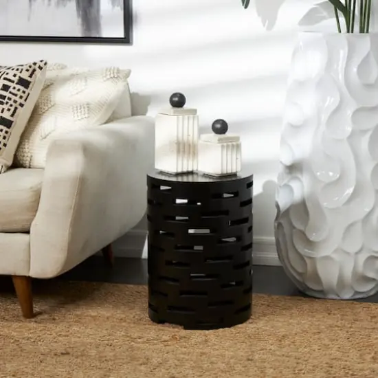 Black Wood Brick Inspired Cutout Geometric Accent Table {7}