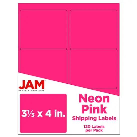 JAM Paper Adhesive Shipping Labels, 3.33" x 4" Neon Pink {1}