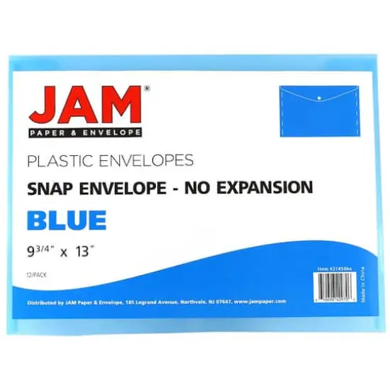 JAM Paper 9.75" x 13" Plastic Snap Closure Envelopes, 12ct. Blue {5}