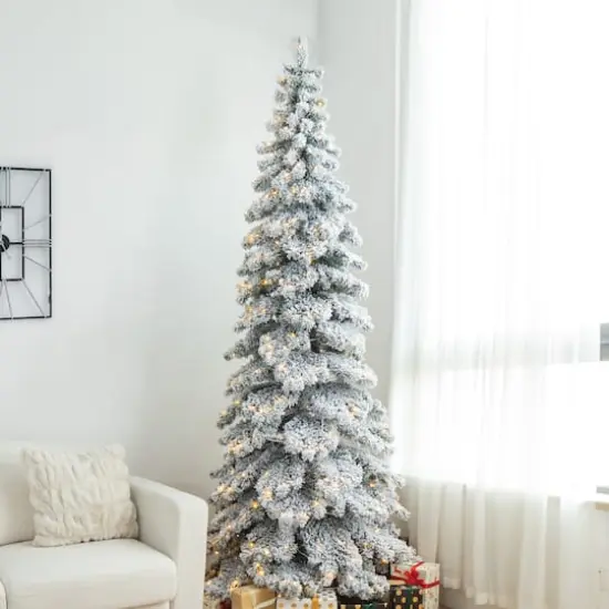 9ft. Pre-Lit Flocked Layered Spruce Artificial Christmas Tree, Warm White LED Lights {4}