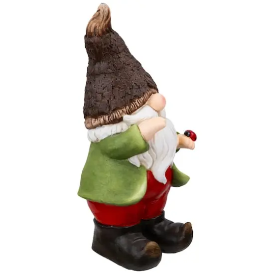15.75" Green & Red Gnome with Ladybug Outdoor Garden Statue {5}