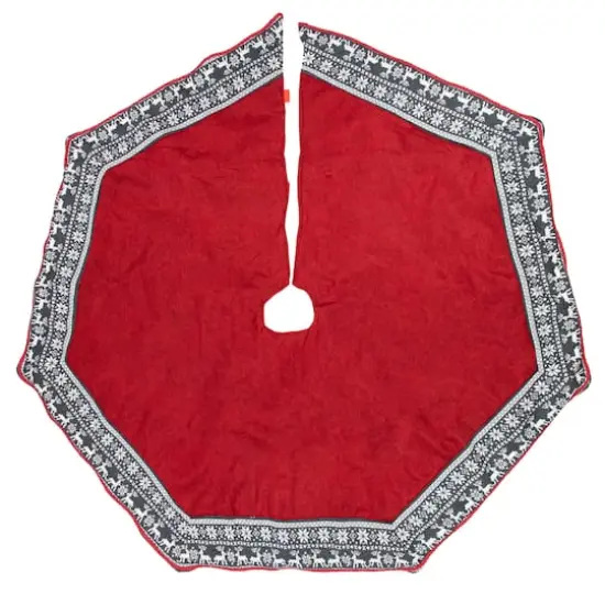 50" Red Heptagon with Gray & White Snowflakes & Reindeer Knit Border Christmas Tree Skirt {4}