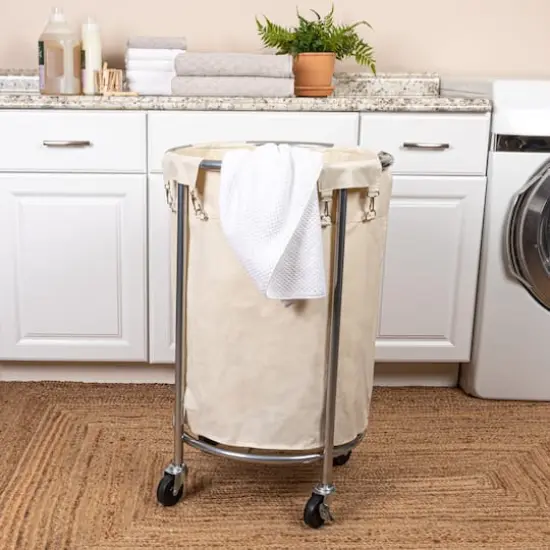 Household Essentials Round Laundry Basket with Wheels White {4}