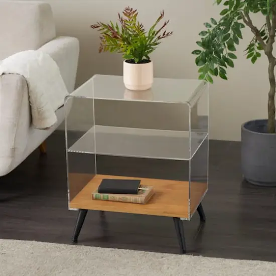 23" Clear Acrylic 1-Shelf Accent Table with Wood Base & Black Legs {3}