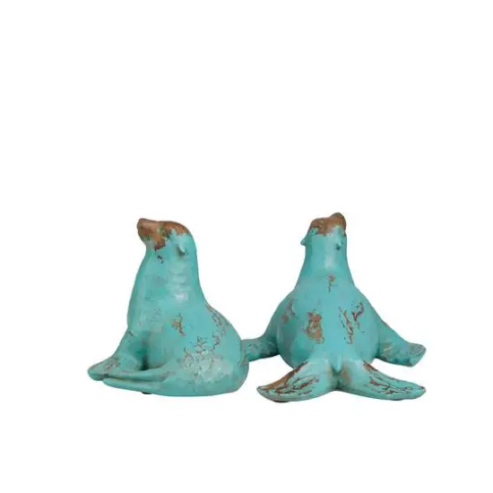 Teal Polystone Distressed Sea Lion Sculpture Set {8}