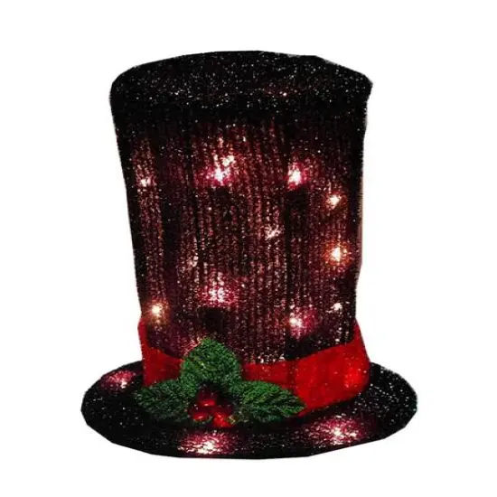 9" Lighted Black Tinsel Snowman Top Hat Christmas Tree Topper, Clear Lights {6}