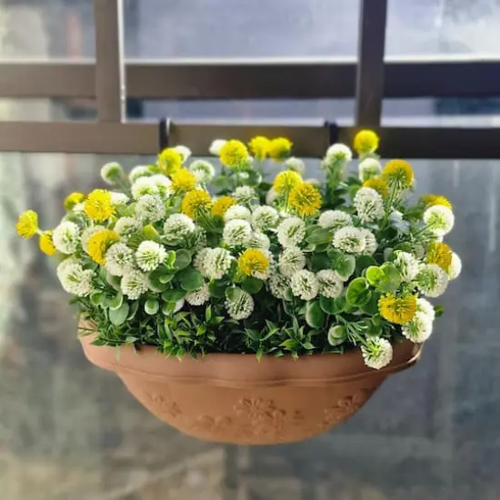 12" Faux Flowers in Hanging Basket, 2ct. Yellow/White {5}