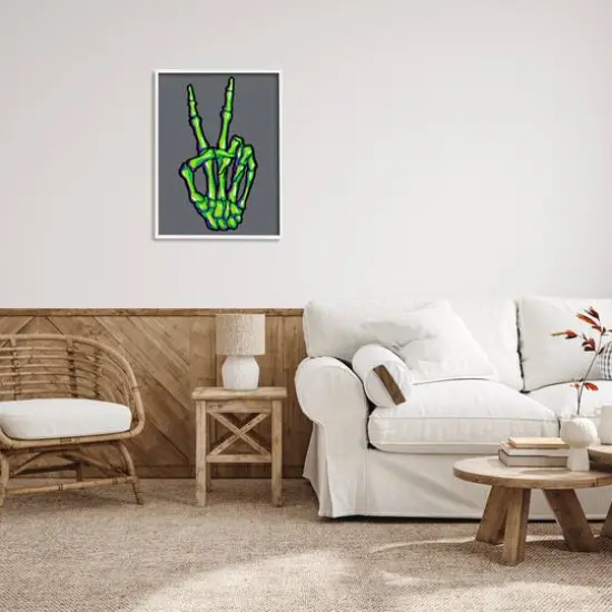 Stupell Industries Green Skeleton Peace Hand Framed Giclee Art White {3}