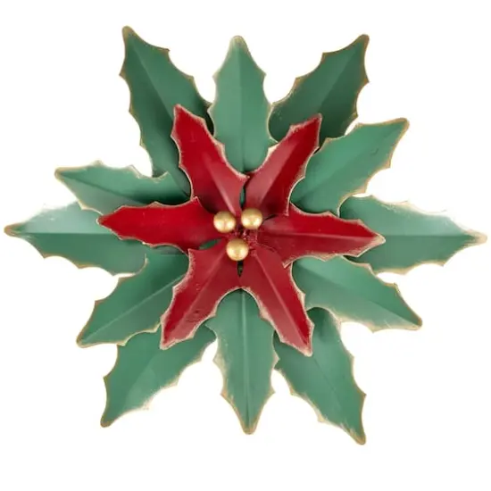14" Small Green and Red Metal Poinsettia Christmas Wall Hanging {1}