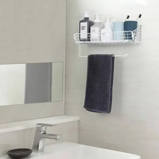 NEX&trade; 16" White Wall Mounted Wire Basket Shelf & Paper Roll Holder {6}