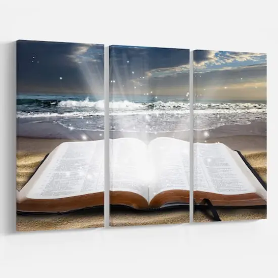 Designart - Jesus Bible at beach - Religious Art on Wrapped Canvas set {4}