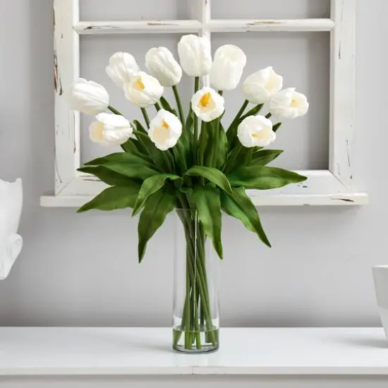23" Artificial Tulip Arrangement with Cylinder Glass Vase White {4}