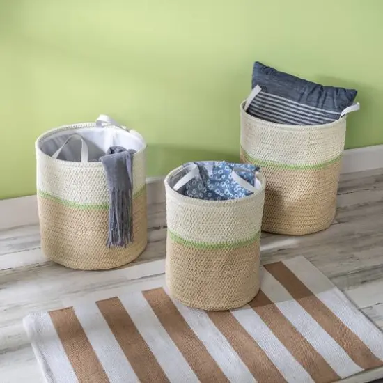 Honey Can Do Green & Beige Small Nesting Paper Straw Baskets with Handles Set {3}