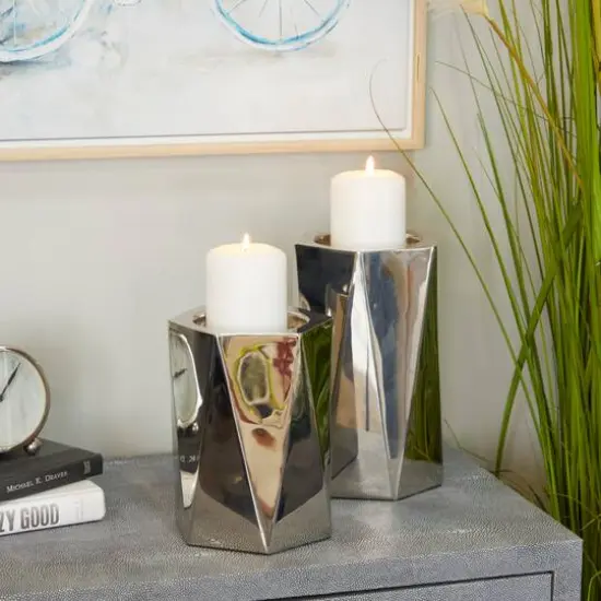 Silver Stainless Steel Glam Candle Holder, Set of 2" 10", 8" {7}
