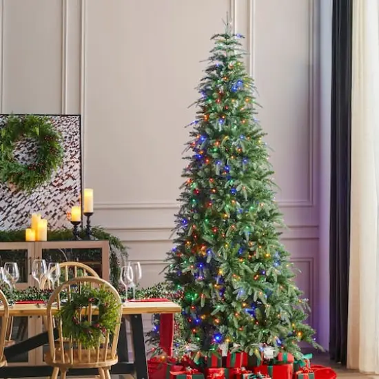 Glitzhome® 9ft Pre-Lit Green Slim Fir Artificial Christmas Tree, Multicolor LED Lights {3}