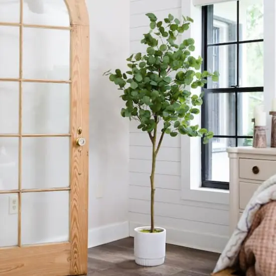 6ft. Artificial Eucalyptus Tree with White Decorative Planter {7}