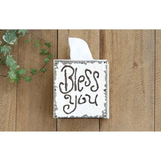 Hello Honey&reg; 6.5" Wood & Metal "Bless You" Tissue Box Cover {5}